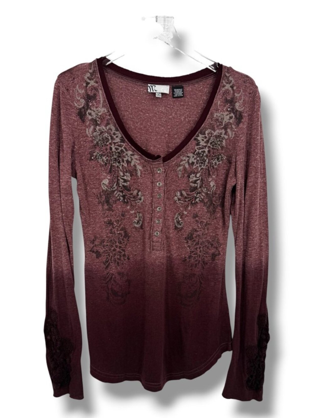 Vintage Y2K Miss Me Henley top women's XL embroidered ombre beaded floral boho